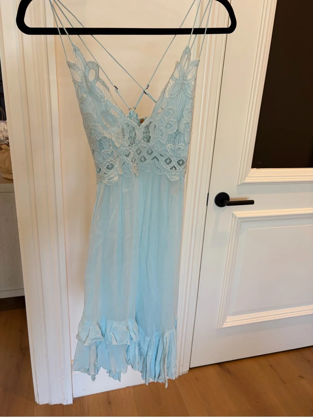 NWT Free People Blue Seawashed Adella Slip- Lace Crochet Asymmetrical Mini Dress